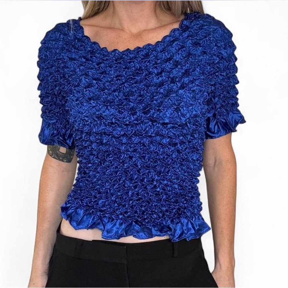 Womens Plisse Crinkle Top Y2K One Size Blue Textured Artsy Popcorn Bubble Shirt